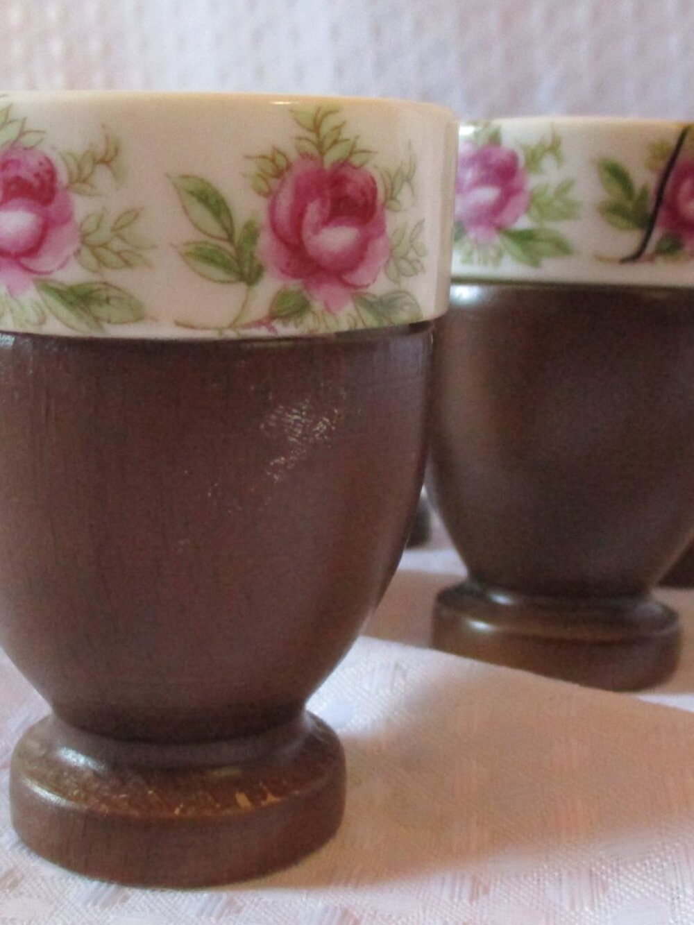 1950's Set of 6 Nevco Egg Cups with Walnut Base & China Top w/Decoupaged Roses